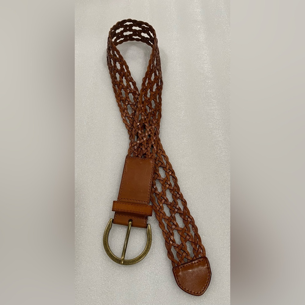 Elise M. Woven Wide Braided Leather Belt Brass Buckle Small/Medium